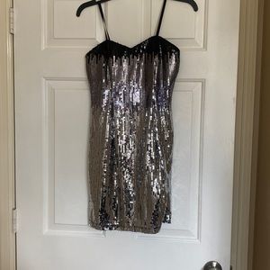 Strapless mini black and silver sequins dress
